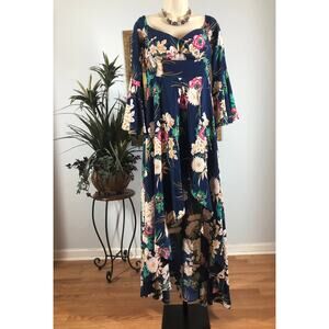Fashion Nova Dress Women Medium Navy Floral High Low Boho Bell Sleeve Flowy